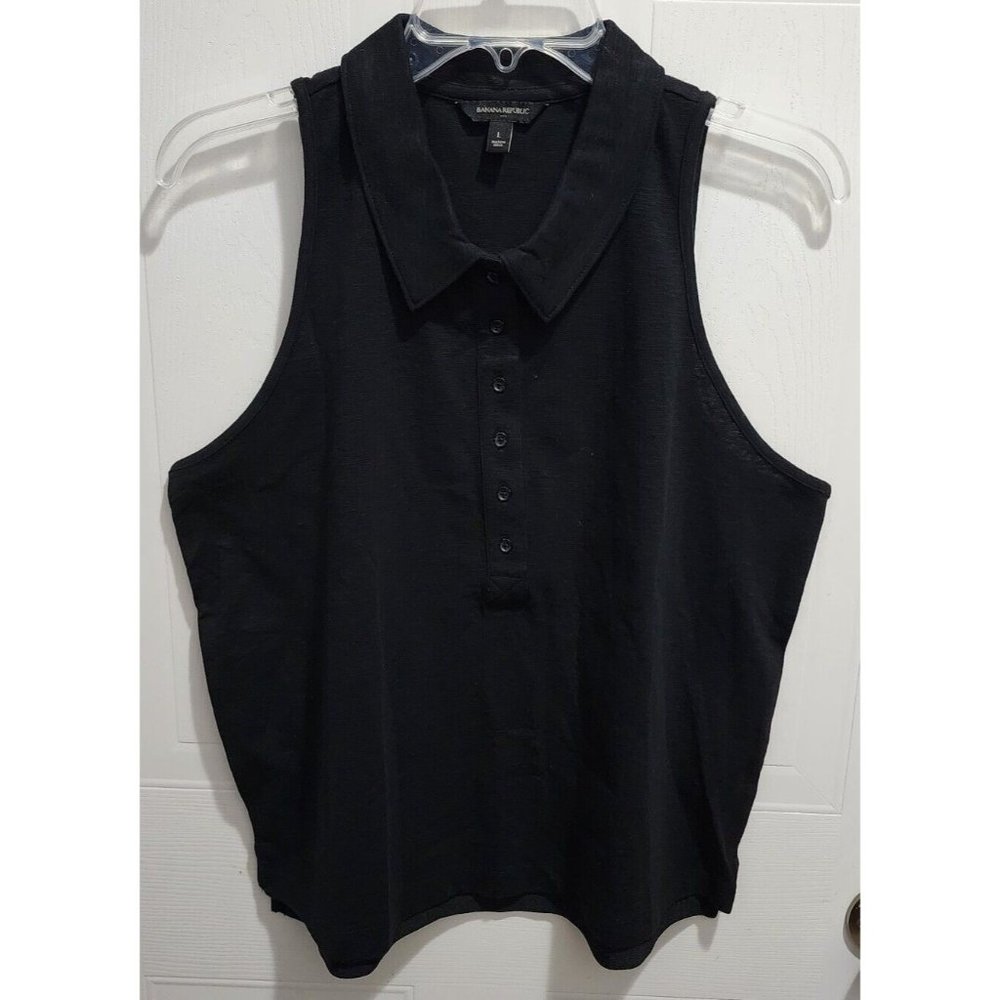 Banana‎ Republic Women's Sleeveless Slub Ribbed Polo Tank Top Shirt Black Size L